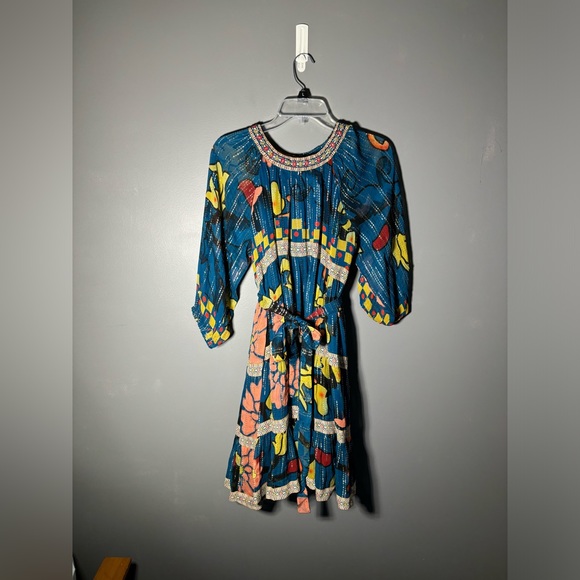 Anthropologie Verb by Pallavi Singhee Eulalia Shimmer Belted Blue Dress Size 2 - Picture 3 of 6